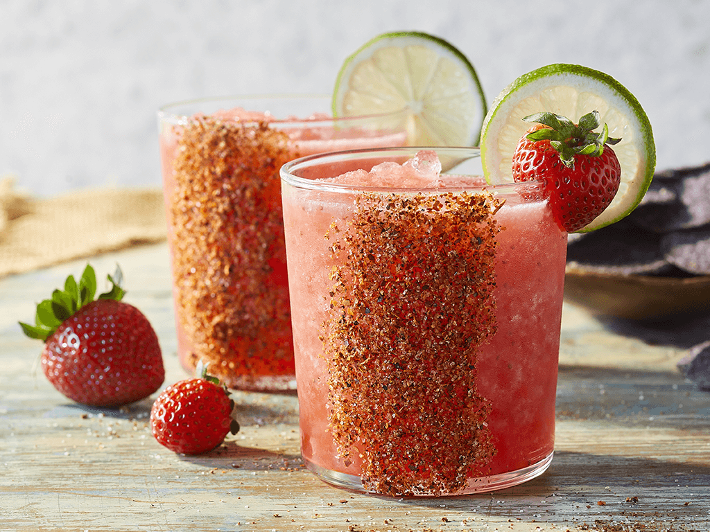 Strawberry Margaritas with Tajin Rim