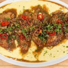 Chicken marsala with crispy pancetta and mushrooms in a rich wine sauce