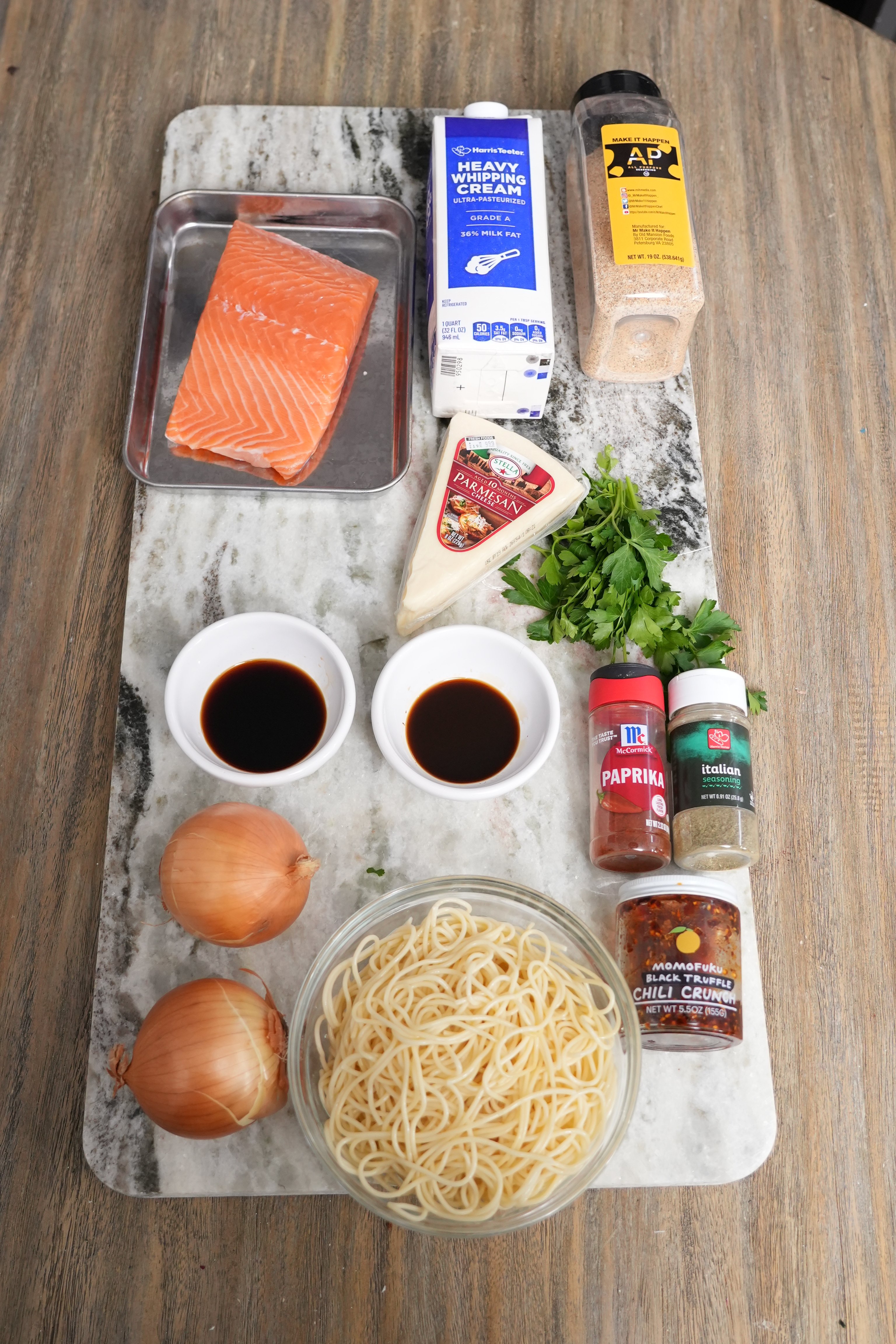 Overhead shot of creamy caramelized onion salmon pasta in a bowl