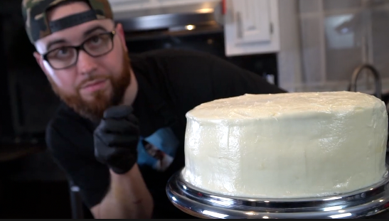 Red velvet cake batter mixing