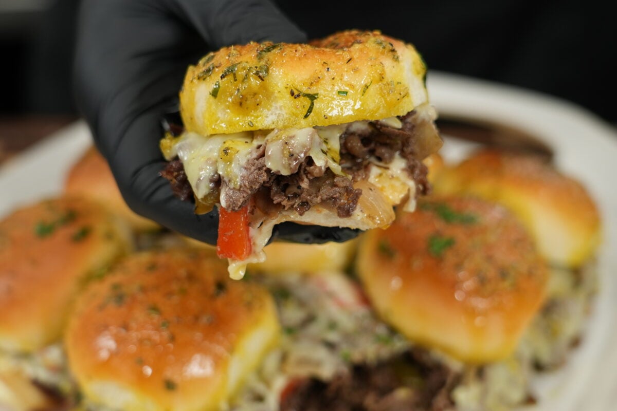cheesesteak sliders recipe close up showing melted cheese and ribeye