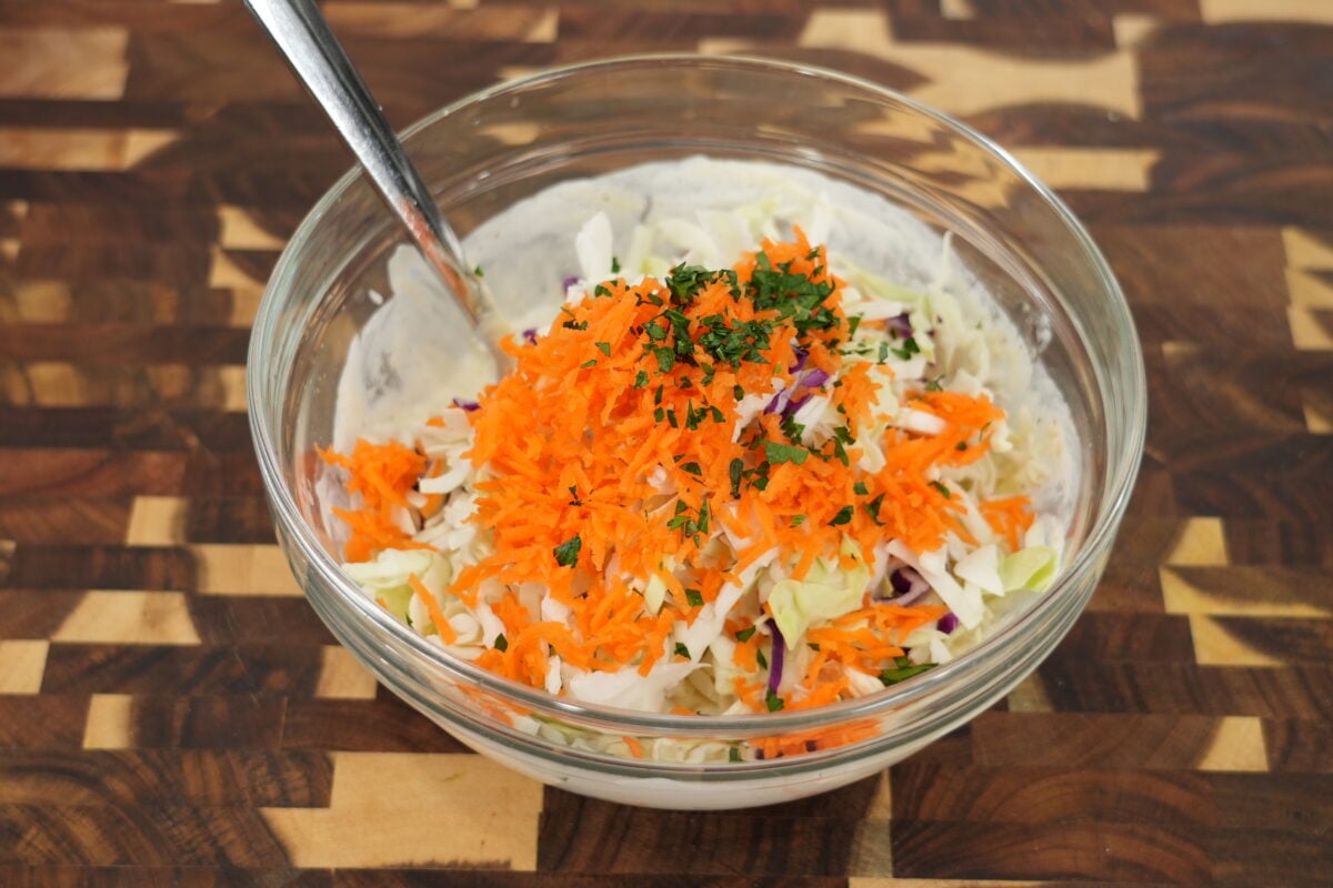 finished southern style coleslaw ready to serve as a side dish