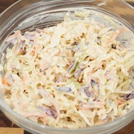 southern style coleslaw in a bowl with creamy dressing