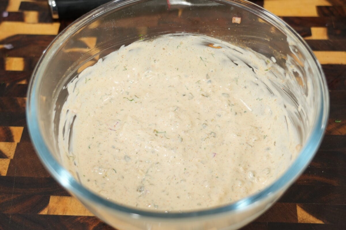 Bowl of homemade tartar sauce ready to chill