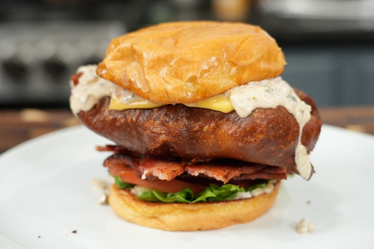 Close-up of the stacked beer battered fish sandwich