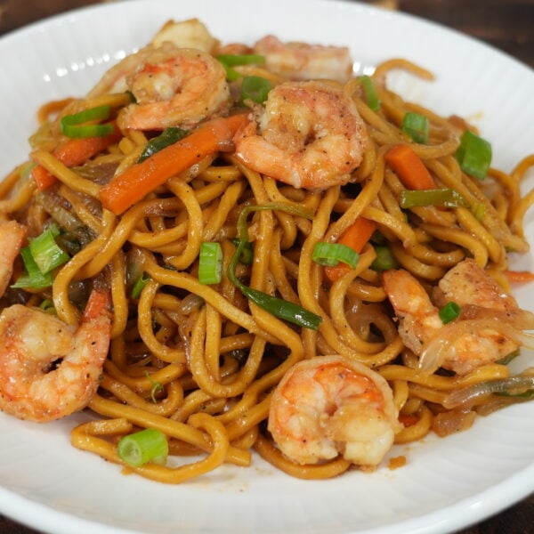 Shrimp lo mein with carrots and green onions plated on a white dish