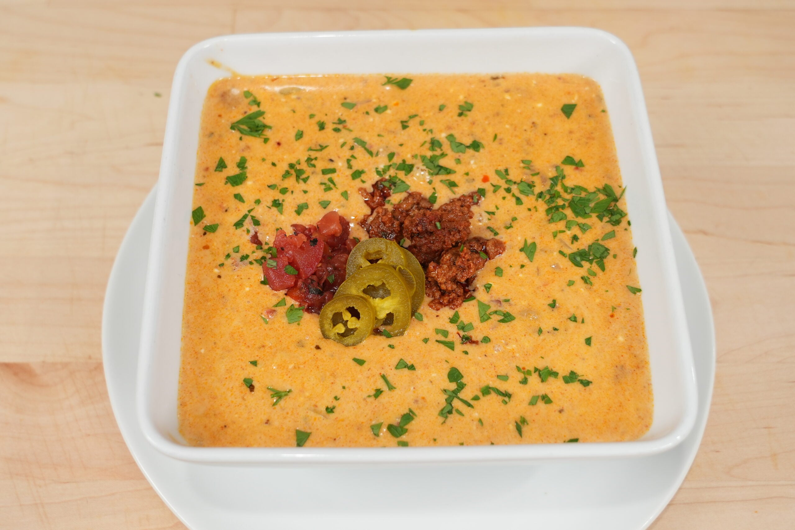 Chorizo queso dip with ground beef, Rotel and jalapeños