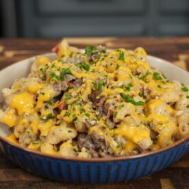 Philly cheesesteak helper with ribeye, peppers, mushrooms, provolone, and toasted panko