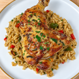 Chicken au poivre leg quarter with creamy peppercorn sauce over seasoned rice