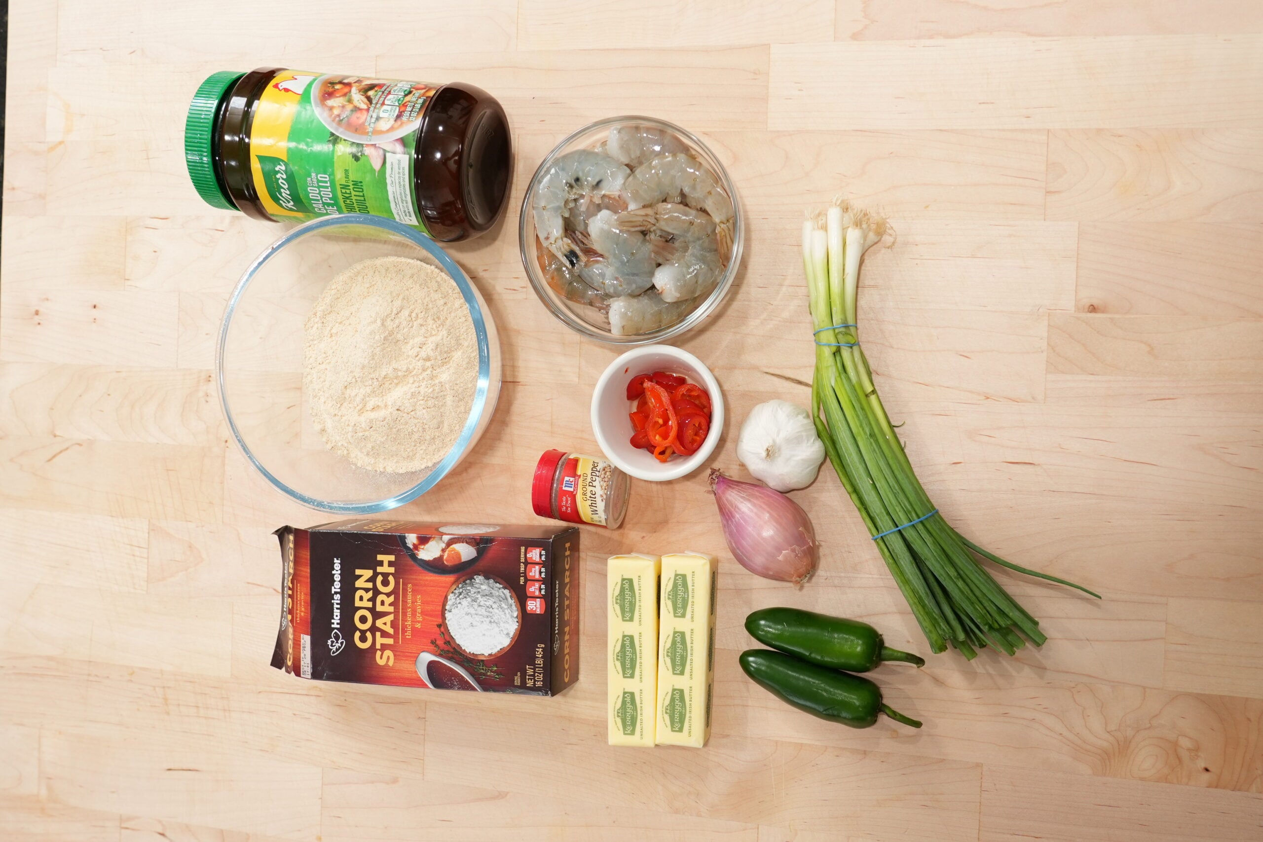 Ingredients for salt and pepper shrimp, including shrimp, garlic, chiles, and seasoning